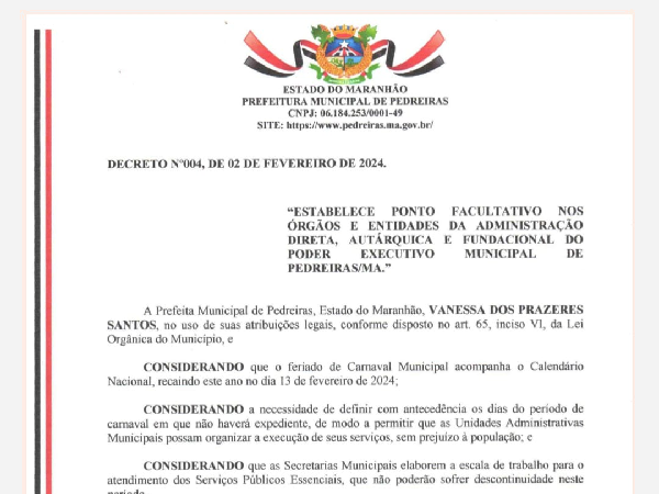PREFEITURA DE PEDREIRAS DECRETA PONTO FACULTATIVO DIAS 12 e 14 DE FEVEREIRO.